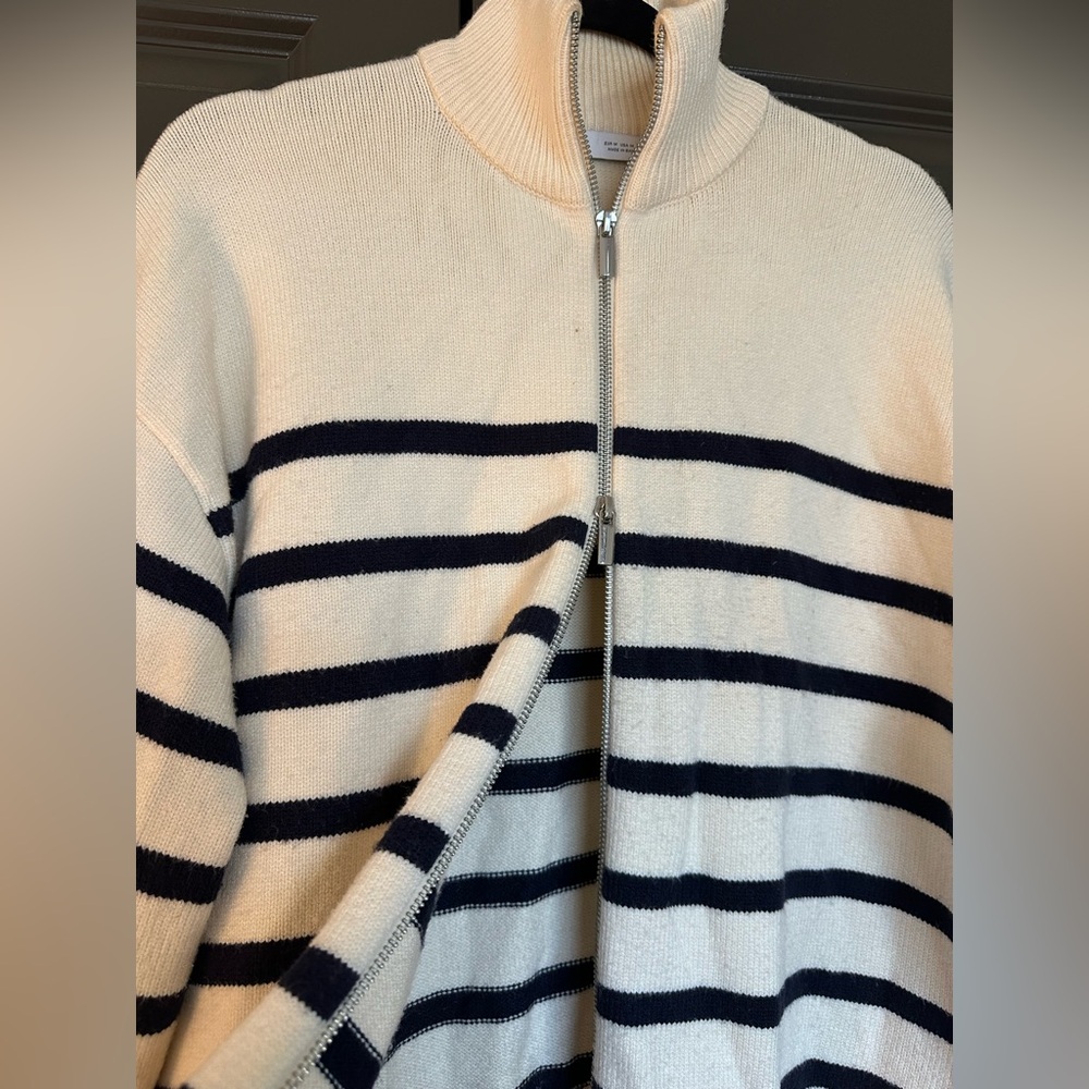 ZARA Cream & Navy Striped Zip-Up Sweater — Double Zipper — Size M - Picture 5 of 8